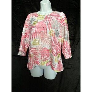 C.D. Petites, pink, gray & yellow  tropical print, 3/4 sleeve top Size PM